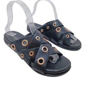 Patrizia by Spring Step Womens Black Grommet Crisscross Slide Sandals Low Wedge